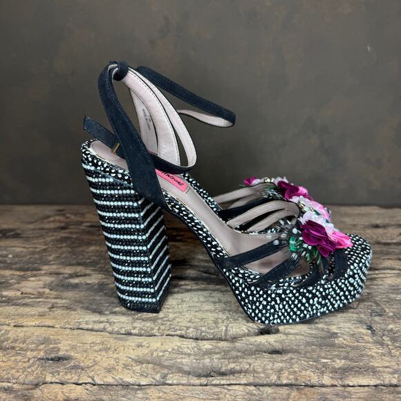 Betsey Johnson Marlo Platform Heels Women’s 7.5 Black Rhinestone Floral - Picture 4 of 14